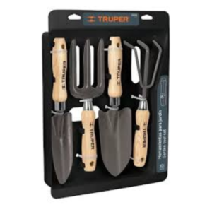 JUEGO HERRAMIENTAS METALICO PARA JARDIN - MANGO DE MADERA - 4 PIEZAS TRUPER